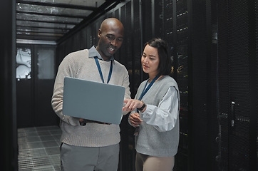 Image showing Business, black man and woman with laptop, servers and cyber security for connection, data analytics and conversation. IT specialist, female programmer and employees with device and cloud computing