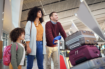 Image showing Travel, airport and happy family with luggage for holiday, vacation or immigration for international journey. Suitcase, bag and black woman or diversity parents with child or kid walking together