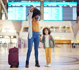 Image showing Airport, suitcase and mother with child show travel journey for holiday, vacation or immigration. Black family or mom with girl kid in lobby with luggage excited for flight together holding hands