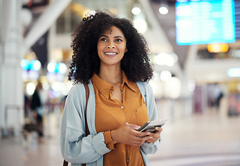 Image showing Black woman at airport, travel and passport with smile, ready for holiday, plane ticket and boarding pass. Freedom, immigration and flight with transportation, vacation mindset at terminal