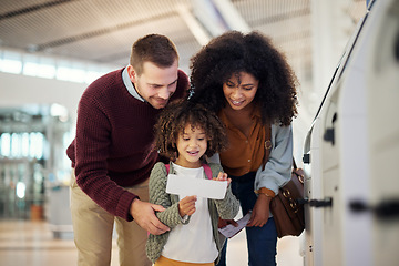 Image showing Airport ticket, happy family and child with flight booking, payment receipt or self service registration. Diversity parents or mother and father with girl kid for travel document check at POS machine