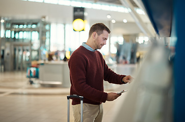 Image showing Travel, passport and man in airport, commute and opportunity for vacation, break and getaway. Tourism, male traveler and tourist with ticket, check in and ready for trip, international and document