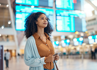 Image showing Passport, airport and black woman thinking of international journey, travel information and schedule search in lobby. Young person with identity document at terminal for flight booking or immigration