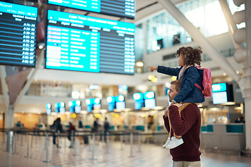 Image showing Airport, travel and father with his child on his shoulders reading the schedule or time board. Trip, family and young man carrying his girl kid while walking to the terminal to board their flight.
