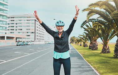 Image showing Portrait, exercise and senior woman with hands in the air, fitness and workout target with happiness. Excited, mature female and old lady with achievement, training and freedom with healthy lifestyle