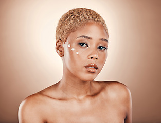 Image showing Black woman, face and portrait for beauty cream on a brown background for dermatology cosmetics. Aesthetic model person in studio for skincare, self care and facial glow with clean and healthy skin