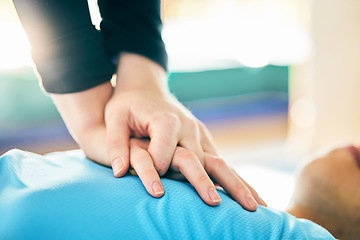 Image showing Cpr, first aid and healthcare with hands on chest of person for paramedic, medical and saving lives. Cardiac arrest, heart and injury with patient and compression for emergency, medicine and wellness