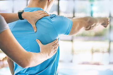 Image showing Exercise, stretching and hands of personal trainer with man for performance, body wellness and sports. Fitness, physiotherapy and coach with athlete for workout stretch, flexibility and gym training