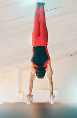 Image showing Horse, gymnastics and fitness with a sports man training for an event or competition. Exercise, balance and games with a male athlete or gymnast in a studio or gym for competitive sport.