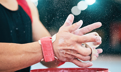 Image showing Hands, fitness and gymnast with powder grip in stadium for sports, workout or exercise. Night gymnastics, training and man or athlete with chalk dust to start performance, competition or exercising.