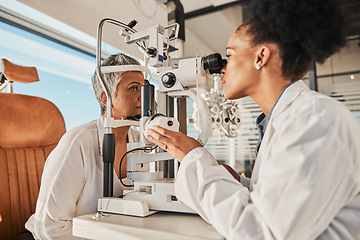 Image showing Senior eye exam, glaucoma specialist and medical eyes test of elderly woman at doctor consultation. Vision, healthcare focus and old female patient with consulting wellness expert for lens check