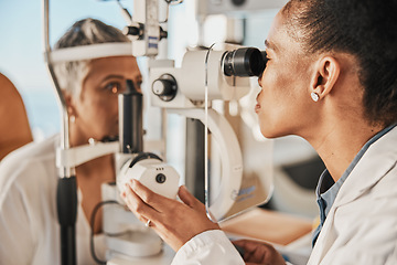 Image showing Optometry, ophthalmology and eye exam by optometrist with a patient senior woman with medical insurance using slit lamp. Doctor, eyesight and healthcare professional doing vision test in clinic