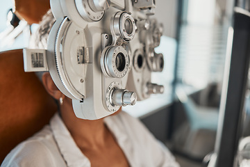 Image showing Ophthalmologist phoropter, patient consultation or eye exam for vision, healthcare or wellness. Senior woman, ophthalmology care and health for eyes in office, hospital or store for vision assessment