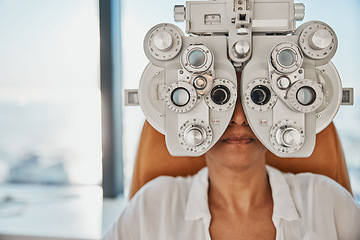 Image showing Vision, eye exam and woman in optometry test for wellness, eyesight and optical assessment. Healthcare, optometrist consultation and patient with medical equipment, phoropter and lens for eyes