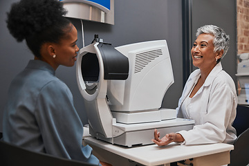 Image showing Eye doctor, happy or black woman consulting for eyesight advice at optometrist or ophthalmologist on medical aid. Customer talking or asking questions to check vision health with a senior optician