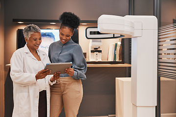 Image showing Ophthalmology, healthcare and teamwork with people and tablet in clinic for communication, review and consulting. Medical, optometry and vision with women for collaboration, eye care and medicine