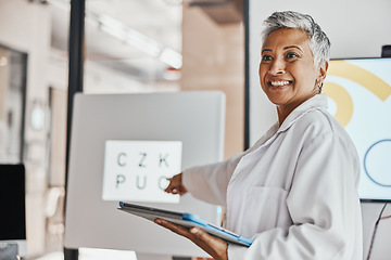 Image showing Healthcare, optometrist and woman with tablet, workshop and discussion for research, vision and smile. Medical professional, female presenter and lady with device, innovation for eyecare and wellness