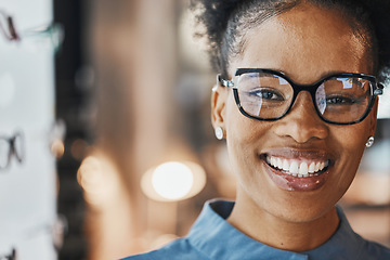 Image showing Glasses portrait, black woman and customer in a store with happiness and mockup. Eye consulting, smile and eyewear assessment in a frame shop for vision test and prescription exam with mock up