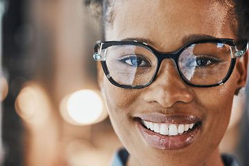 Image showing Vision, mockup and portrait of black woman with glasses for eyesight on blurred background with bokeh. Prescription eyewear, smile and eyes, happy african model for eye care and cool spectacle frame.