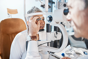 Image showing Senior eye exam, glaucoma check and medical eyes test of elderly woman at doctor consultation. Vision, healthcare focus and old female patient with consulting wellness expert for lens and glasses