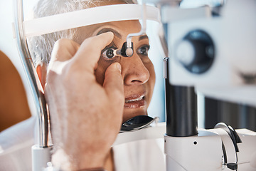 Image showing Senior eye zoom, retina check and medical eyes test of elderly woman at doctor consultation. Vision, healthcare focus and old female patient with consulting wellness expert for lens and glaucoma exam