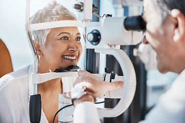 Image showing Senior woman, eye exam and optometrist with medical eyes test at doctor consultation. Vision, healthcare focus and old female patient with consulting wellness expert for lens and glasses check