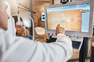 Image showing Tomography, medical and ophthalmology with eye exam and doctor for vision, healthcare and screening test. Lens, review and optometry with patient and man for retina picture, results and medicine