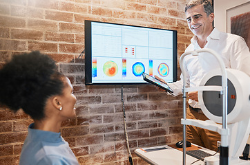 Image showing Eye exam, digital screen and optometrist with black woman for eyesight, vision test and optical consulting. Healthcare, ophthalmology and optician with patient and medical machine, monitor and tablet