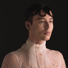 Image showing Gender neutral, fashion face and vintage aesthetic with designer clothing and faux pearls in studio. Isolated, black background and lgbtq or gay gen z with jewelry and creativity and non binary art