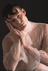 Image showing Gender neutral, vintage fashion and portrait of person with designer clothing and faux pearls in studio. Isolated, black background and lgbtq or gay model with jewelry and creativity and non binary