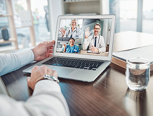 Image showing Online meeting, video call or doctors wave on laptop for webinar, virtual communication in hospital. Support, healthcare or medical worker discussing medicine, treatment or telehealth on computer