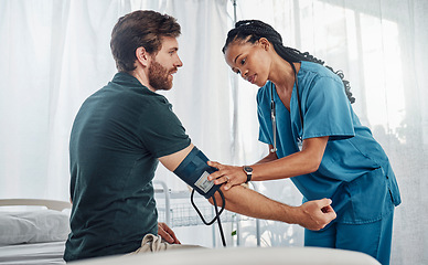 Image showing Nurse, doctor and man with blood pressure test in hospital for heart health or wellness. Healthcare, hypertension consultation and medical physician with patient for examination with sphygmomanometer