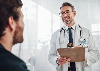 Image showing Senior doctor, patient data and results of a hospital worker in a cardiology consultation. Happiness, working and checklist clipboard of a wellness and health employee with a smile in a clinic