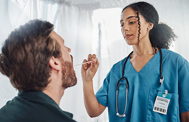 Image showing Healthcare, doctor check patient throat and medical exam, laryngitis and health insurance with people in hospital. Medicine, black woman ENT specialist and sick man, consult with infection and virus