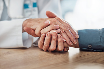 Image showing Healthcare, care or doctor support holding hands of patient for trust, consulting or cancer news report. Medical, medicine or insurance nurse with wellness heart problem empathy comfort in hospital