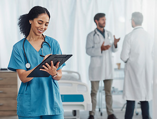 Image showing Doctor, clipboard or black woman writing checklist for healthcare notes, medical information or prescription. Nurse, medicine or worker for documents, wellness report planning or paper administration