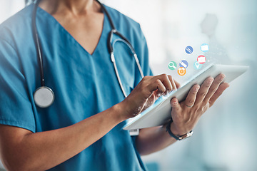 Image showing Doctor, hands and tablet in healthcare research, mobile app or software icons for innovation or communication at clinic. Hand of medical expert, nurse or specialist on touchscreen for medicare search