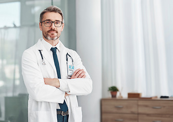 Image showing Healthcare, leadership and portrait of doctor, man in hospital for support, success and help in medical work. Health, wellness and medicine, confident mature professional with stethoscope and mockup.