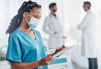 Image showing Doctor, covid or black woman on tablet writing checklist for healthcare or medical information research. Nurse, medicine or worker on tech for digital wellness report planning or reading news article