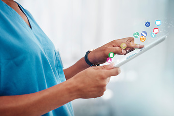 Image showing Doctor, hands and tablet in healthcare research, app or software icons for innovation or communication at clinic. Hand of woman medical expert, nurse or specialist on touchscreen for medicare search