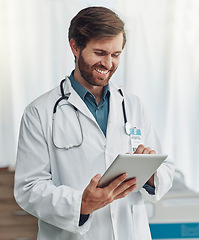 Image showing Healthcare, research and doctor with smile on tablet for wellness, medical abstract and analysis. Hospital, insurance and health worker on digital tech for internet, patient data and telehealth app