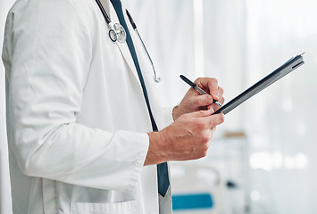 Image showing Doctor, clipboard or hands writing checklist for healthcare consulting, medical information or prescription. Nurse, medicine or worker with documents, wellness report planning or paper administration