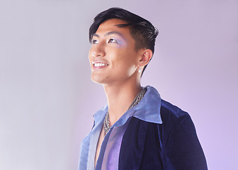 Image showing Makeup, smile and fashion, lgbt man from Indonesia with confidence isolated on purple background. Happy, aesthetic and male model with beauty in studio, creative non binary and gender neutral design.