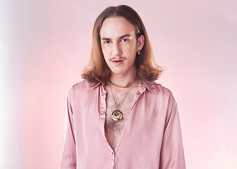 Image showing Portrait, vintage fashion and gay man with pride and confidence isolated on studio background. Happy, gen z aesthetic and lgbt model with beauty and creative non binary and gender neutral design.