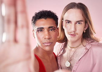 Image showing Selfie, gen z and men with makeup, social media and relax with casual, trendy or edgy clothes. Portrait, queer people or guys with style, retro or vintage with support, solidarity and studio backdrop