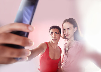 Image showing Gen z, selfie and men with style, fashion and friends with mockup, confident and studio background. Gay, queer people and guys with smartphone, capture moment and picture with edgy and trendy clothes