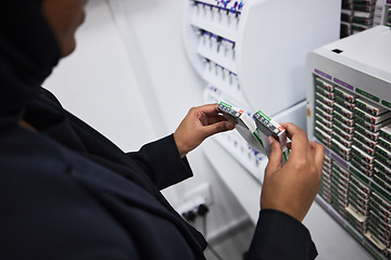 Image showing Optometrist, hands and box, medical choice for vision, eye care or contact lens in hospital stock room. Muslim black woman, healthcare career and product for wellness, optometry or decision in clinic