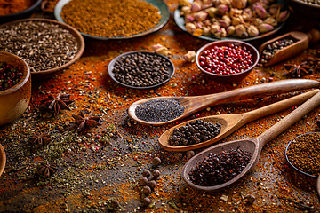 Image showing Colorful spices in wooden spoons
