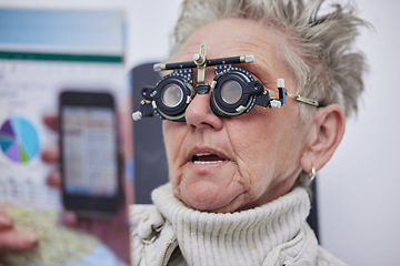 Image showing Eye exam, reading and senior woman with frame in clinic for vision, eyesight and optical assessment. Optometry, healthcare and elderly patient face with optician lens, medical glasses and test eyes