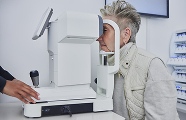 Image showing Eye exam, optometry and senior woman with test for medical, healthcare and vision wellness. Eyes consultation of elderly person with professional optometrist machine or technology for lens services